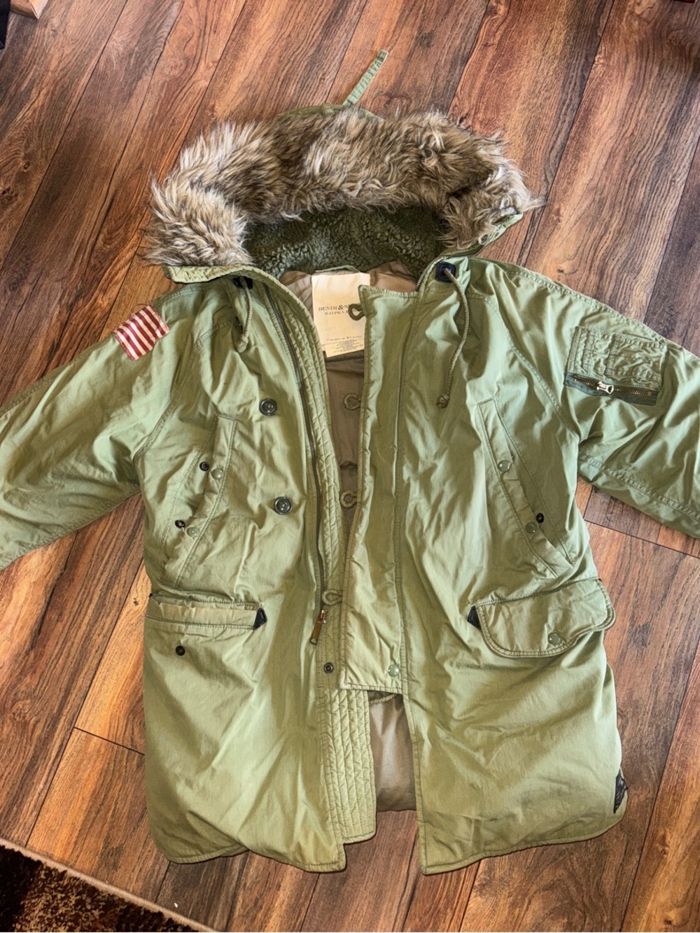 Vintage Ralph Lauren Denim & Supply Olive Green Parka Jacket with Faux Fur Hood